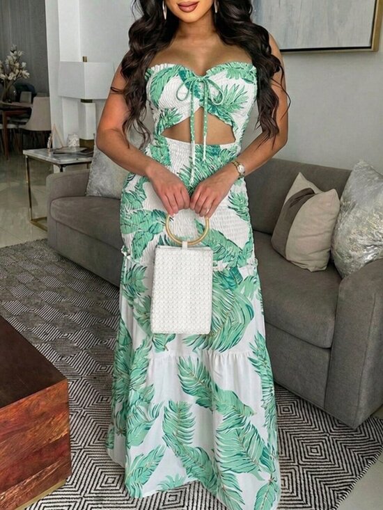 Dresses & Skirts - Green Cute Women's Tropical Plant Print Tube Dress Waist Cinch Mermaid Hem